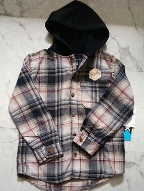 Tony Hawk Black, Cream & Red Plaid Hooded Button-Down Shirt